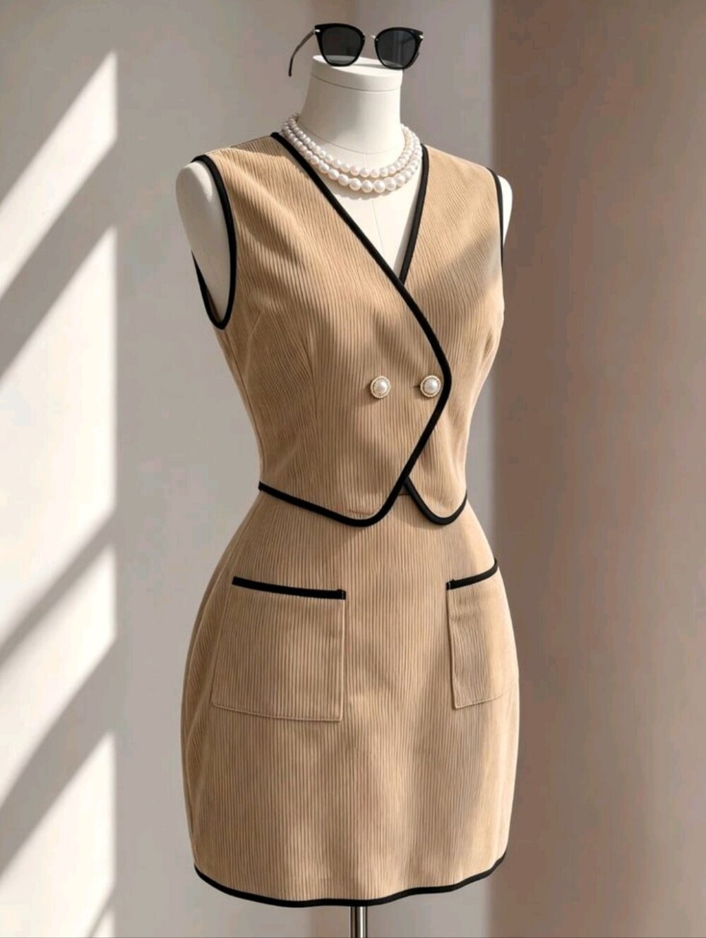 Gentle Khaki Corduroy Black Trim V-Neck Cropped Vest With Double - Picture 5 of 5